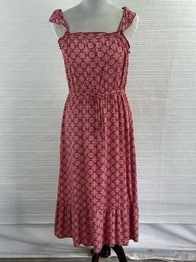 Luxology Red Boho Floral Midi Dress Cottagecore Ruffle Strap Tie Waist Size L